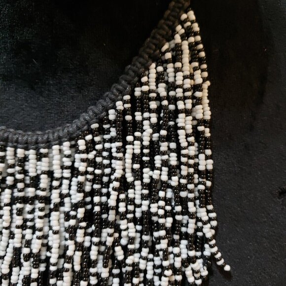 Womens Black White Glass Beaded Woven Fringe Collar Necklace with Lobster Clasp - Picture 4 of 8